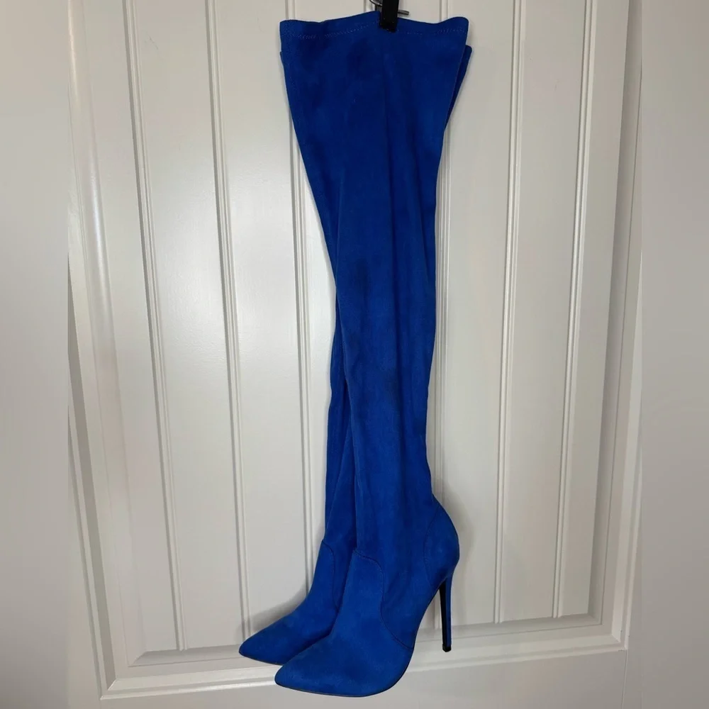 SHOEDAZZLE 🦋 Thigh-High, Vibrant Royal Blue Women's Stiletto Boots (Women’s 7)